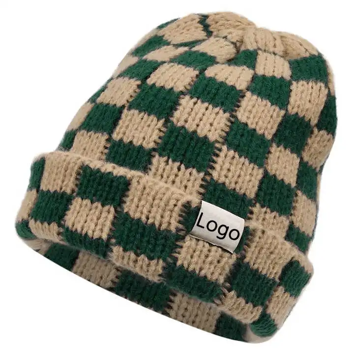 Winter Warm Outdoor Ski Checkerboard Checkered Printed Custom Logo Elastic Knit Beanie Hat