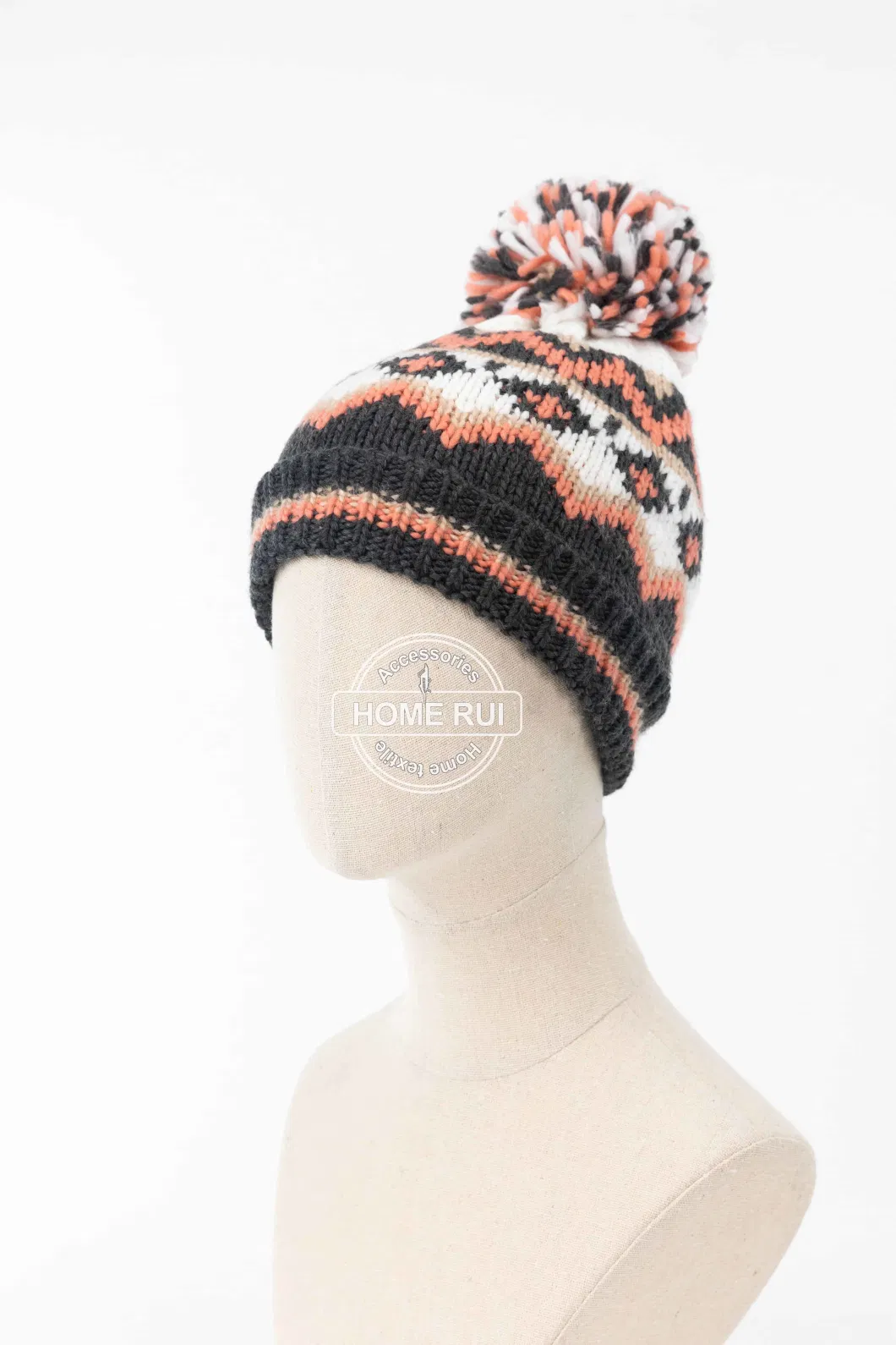 Women Warm Soft Slouchy Acrylic Fold Edge Orange White Charcoal Pompom Faire Iland Jacquard Bonnet Casual Hat Beanie