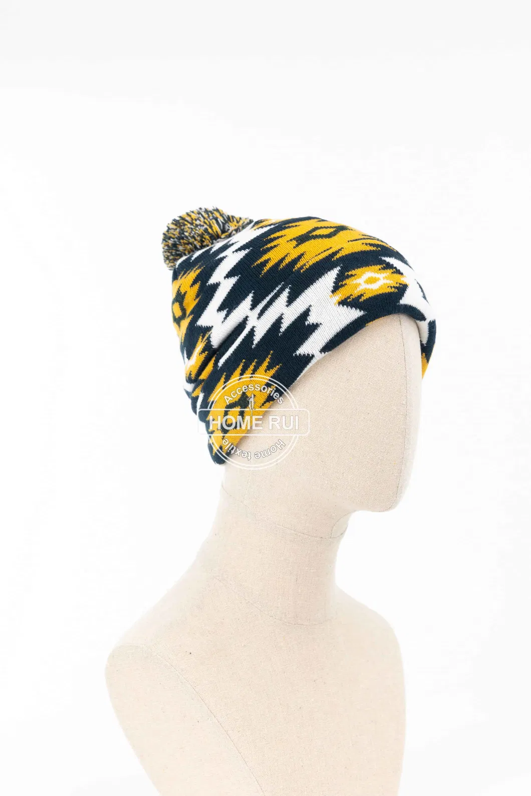 Women Warm Soft Slouchy Acrylic White Navy Yellow Pompom Jacquard Bonnet Casual Hat Beanie