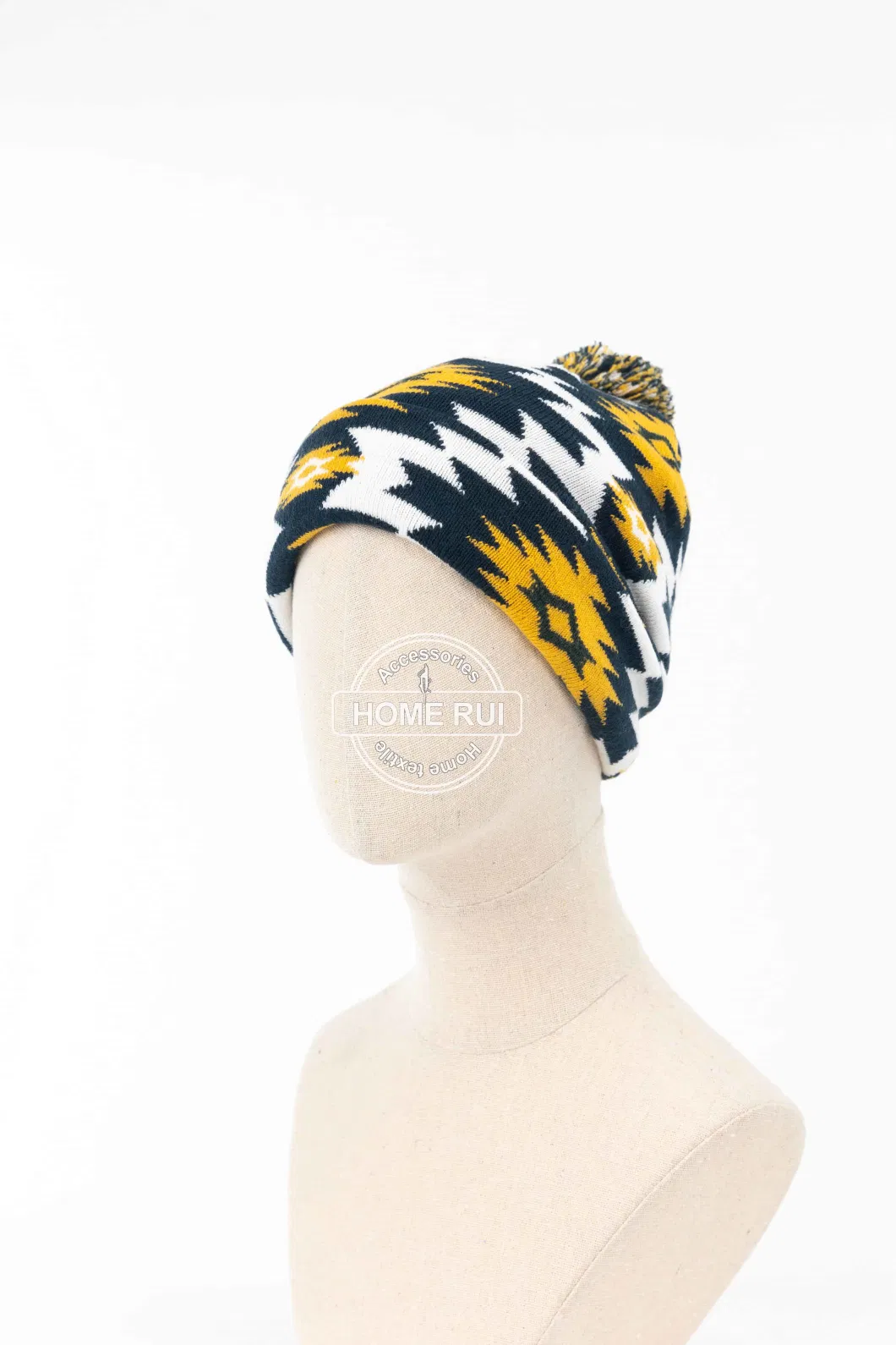 Women Warm Soft Slouchy Acrylic White Navy Yellow Pompom Jacquard Bonnet Casual Hat Beanie