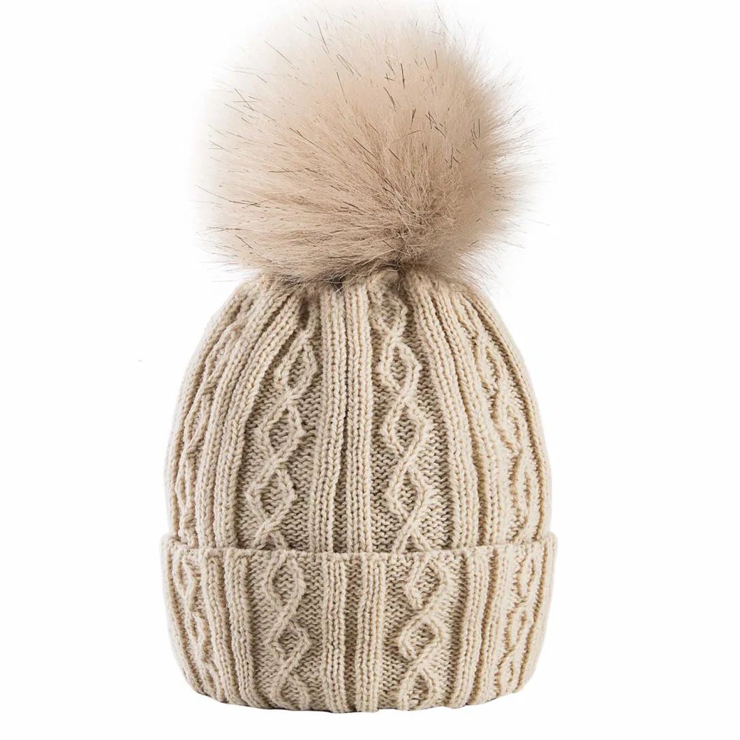Womens Cable Beanie Winter Warm Chunky Soft Hats Knit Faux Fur POM POM Hat Wholesale Designer Beanie Knit Hat