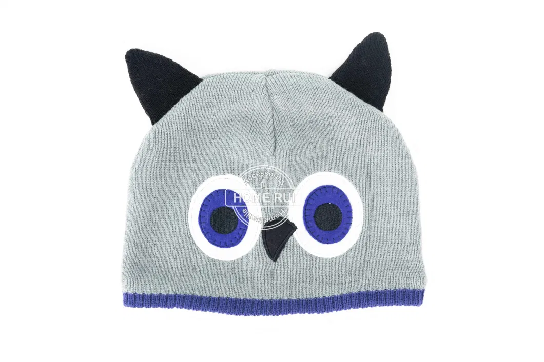 Kids Boy Children Warm Soft Slouchy Grey Solid Plain Knitted Owl Animal Design embroidery Bonnet Casual Beanie Hat