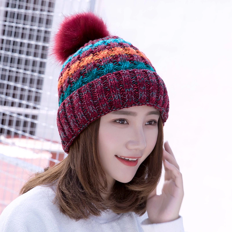 Women Custom Logo High Quality Stripe Ski Knit Hat Acrylic Jacquard Lined POM POM Beanie