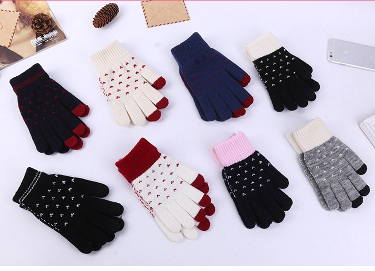 Cashmere Acrylic Touch Screen Pad Smart Phone Winter Knit Magic Gloves Dots Jacquard