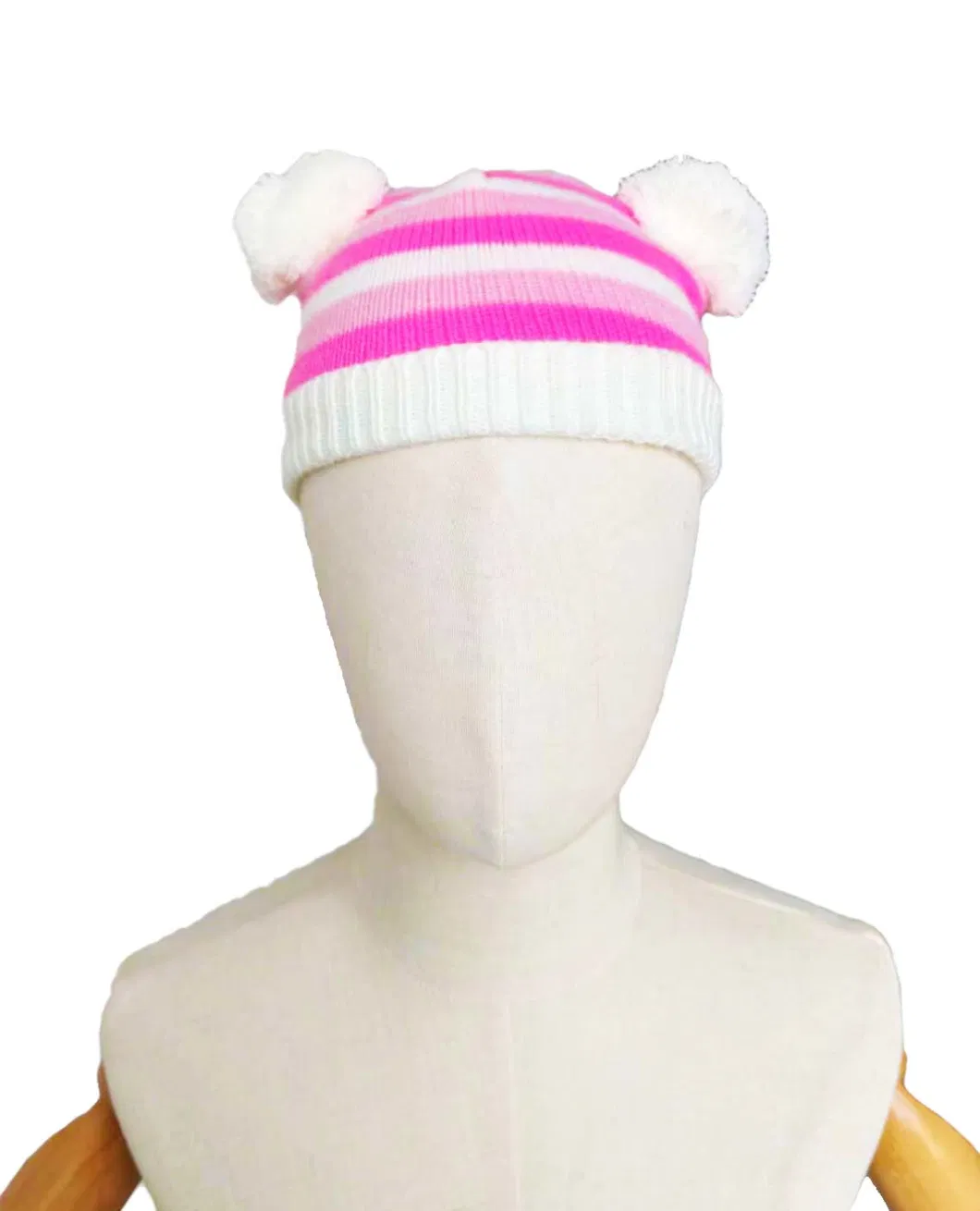 Children Toddler Pink Constrast Color Soft Knitted Hat Pompom Beanie