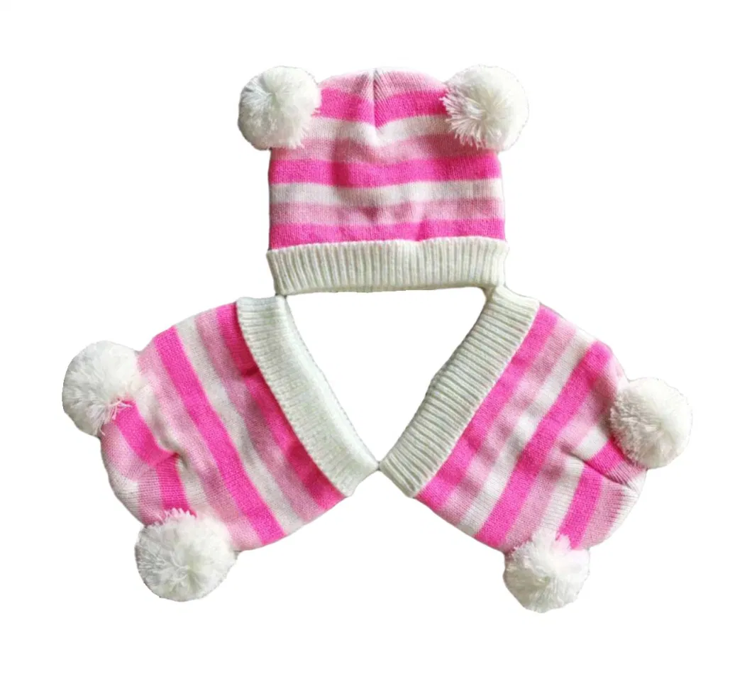 Children Toddler Pink Constrast Color Soft Knitted Hat Pompom Beanie