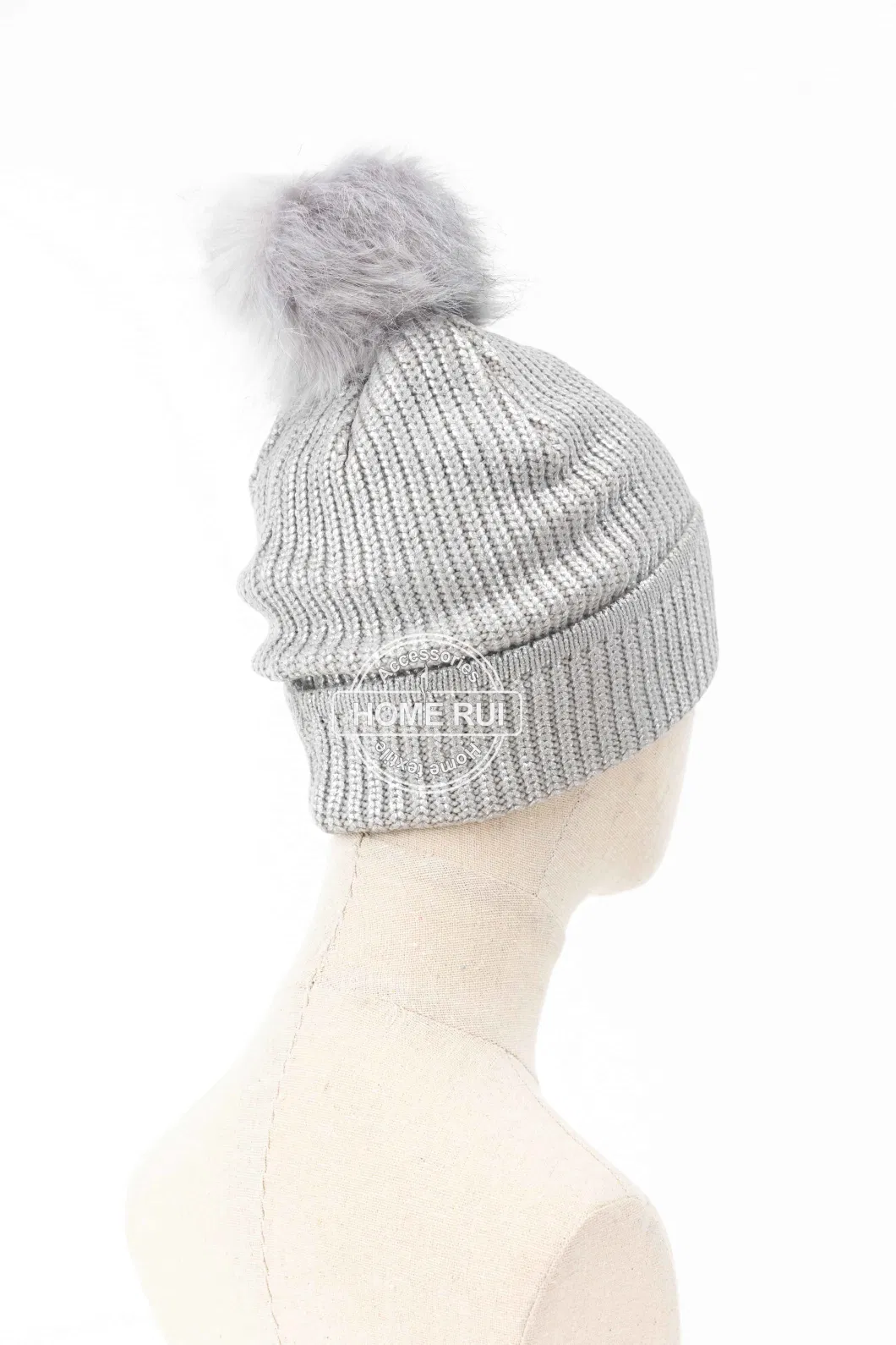 Unisex Warm Soft Slouchy Acrylic Fold Edge Silver Grey Fur Pompom Oil Print Knitted Rib Bonnet Casual Beanie Hat