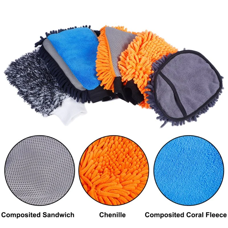 Promotion High Water Absorption Chenille Sandwich Mitt with Coral Fleece Terry Cloth Foam Easily Protect Paint Usable Car Wash Detailing Gloves