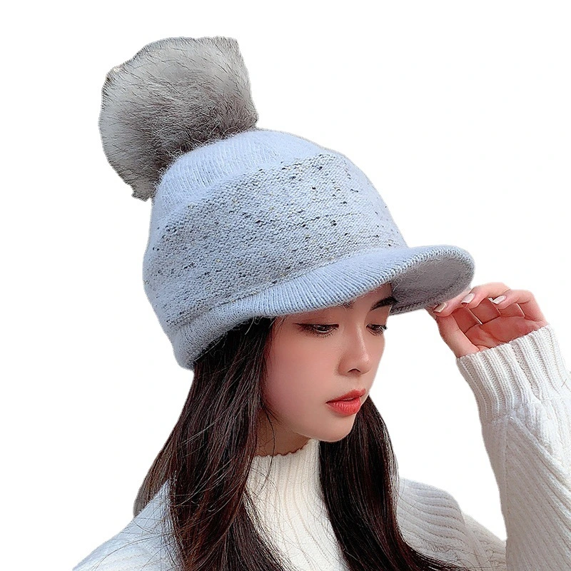 Women&prime;s Winter Knitted Warm Baseball Hat Cute POM POM Rabbit Hair Beanie Hat