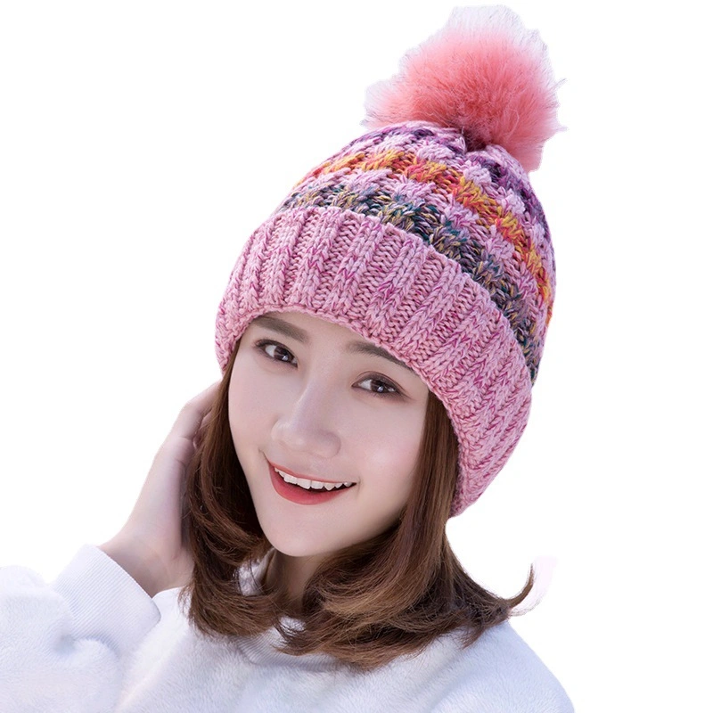 Women Custom Logo High Quality Stripe Ski Knit Hat Acrylic Jacquard Lined POM POM Beanie