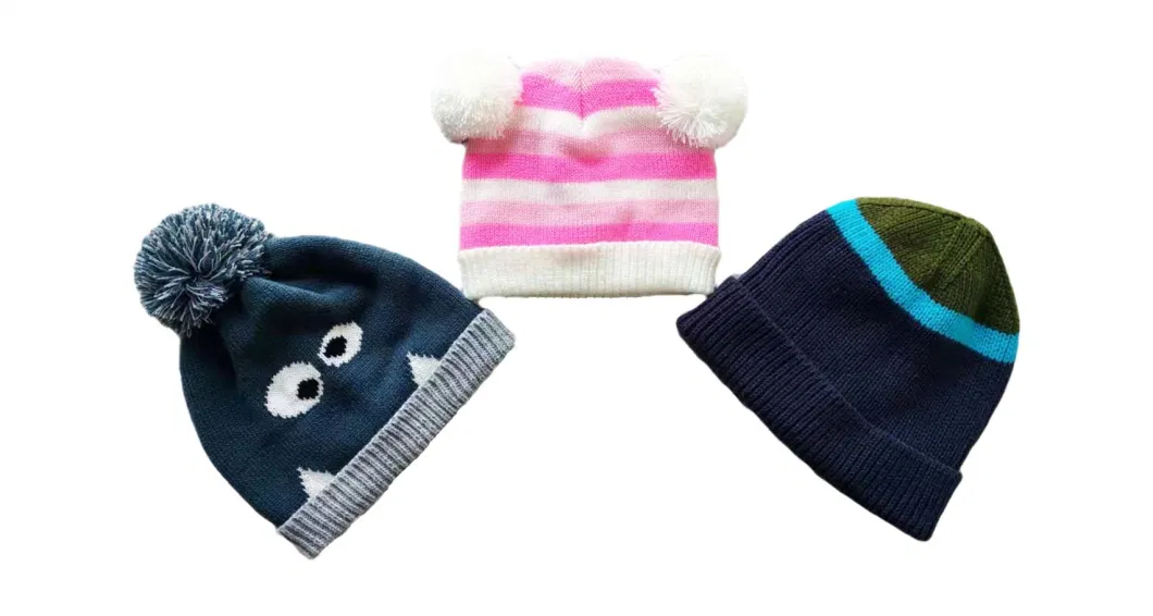 Children Toddler Pink Constrast Color Soft Knitted Hat Pompom Beanie