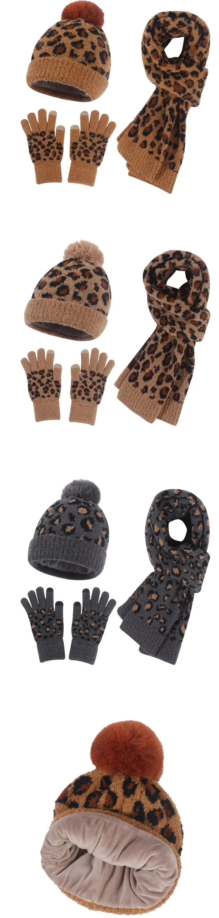 Custom Women&prime;s Warm Slouchy POM Beanie Snow Knit Cap Touch Screen Mittens Winter Hat Scarf Gloves Sets