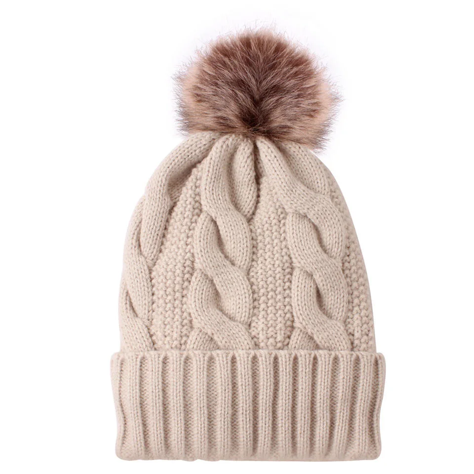 Fashion Girls Ladies Thick POM POM Hat Cable Knit Warm Fleece Lining Beanie Womens Winter Hat