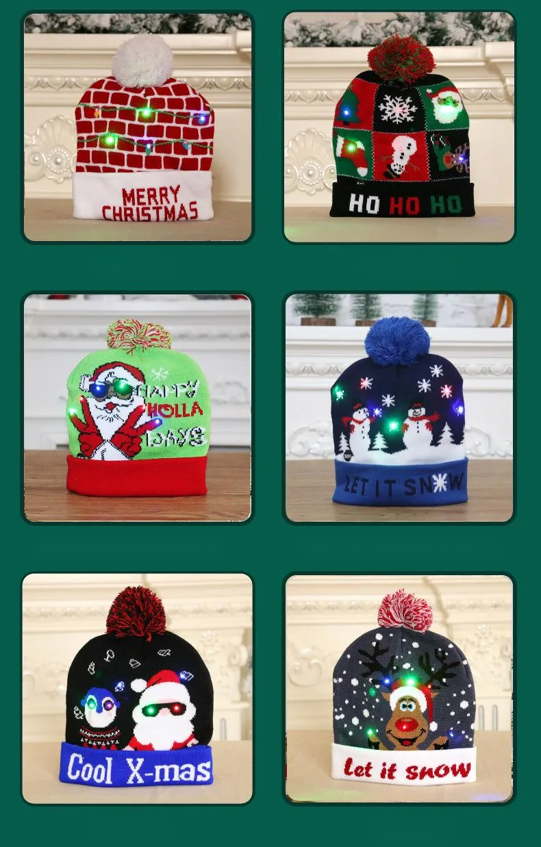 Popular Christmas Decoration Gift Custom Logo Unisex Women Acrylic Jacquard Pompom Bobble Cap Christmas Knitted Cuffed LED Beanie Hat