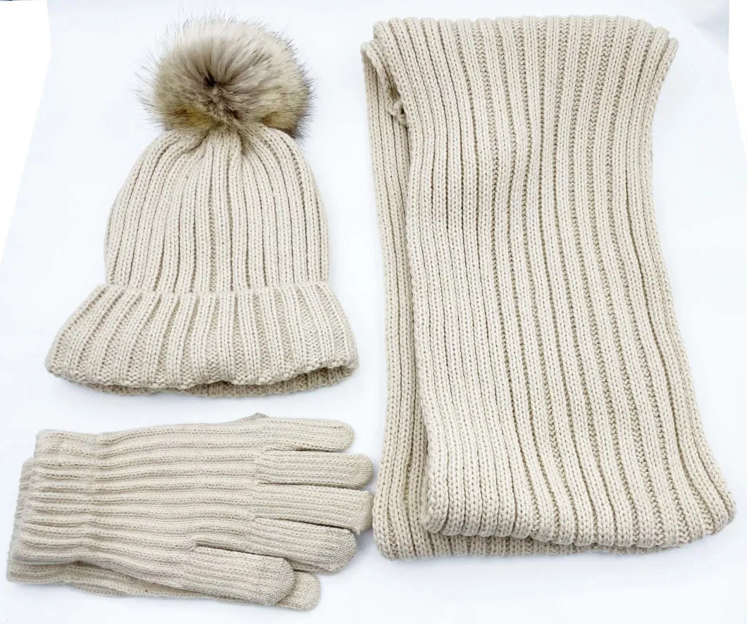 Solid Beige Color Acrylic Yarn Rib Knit Bobble Beanie Hat Scarf and Gloves