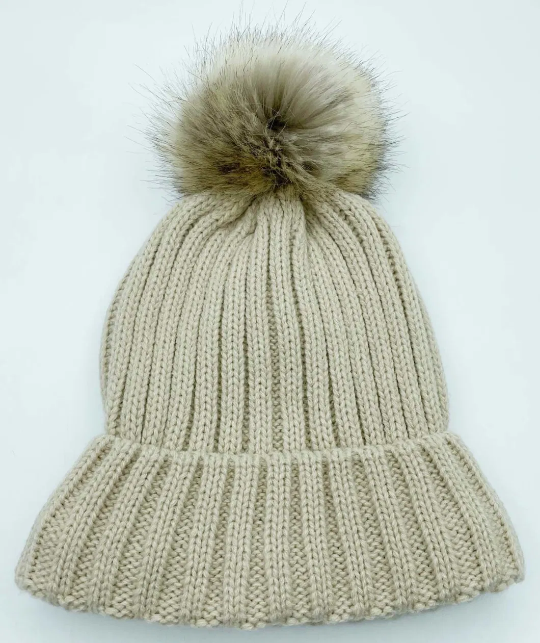 Solid Beige Color Acrylic Yarn Rib Knit Bobble Beanie Hat Scarf and Gloves