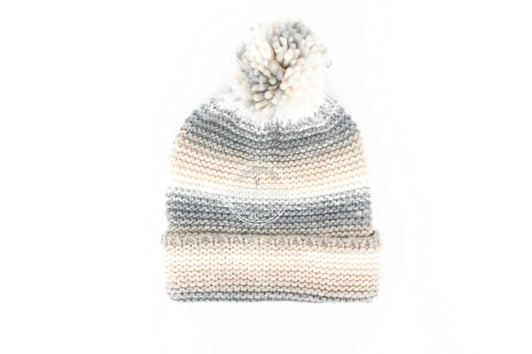 Women Warm Soft Slouchy Acrylic Fold Edge Beige Grey White Pompom Blended Mixed Striped Bonnet Casual Hat Beanie