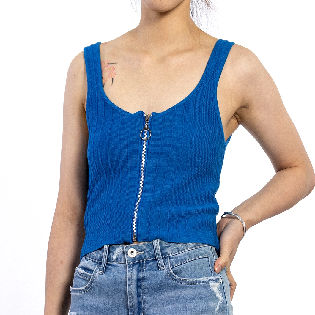 Custom Summer Cool Knitted Cotton Blue Female Vest Sleeveless Women Top