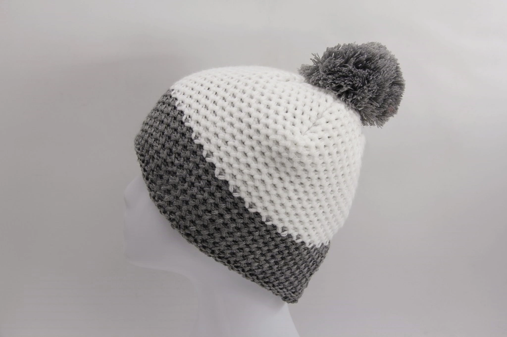 Grey and White Acrylic Knitted Hat with Yarn Pompon