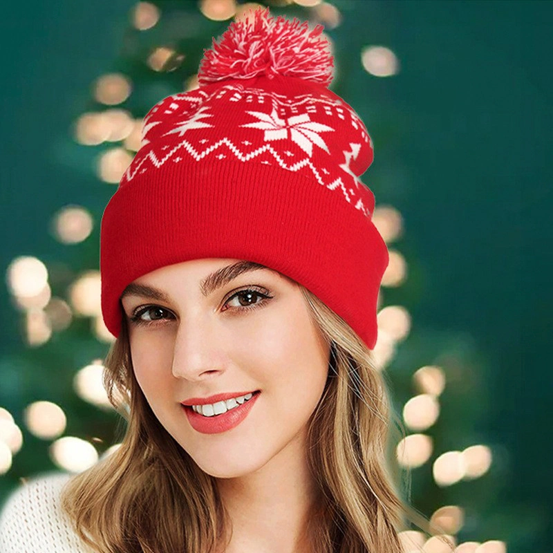 Dephens China Supplier Custom 2023 Women Children New Sweater Winter Beanie Festival Christmas LED Knitted Hat POM POM Christmas Hats Made in China