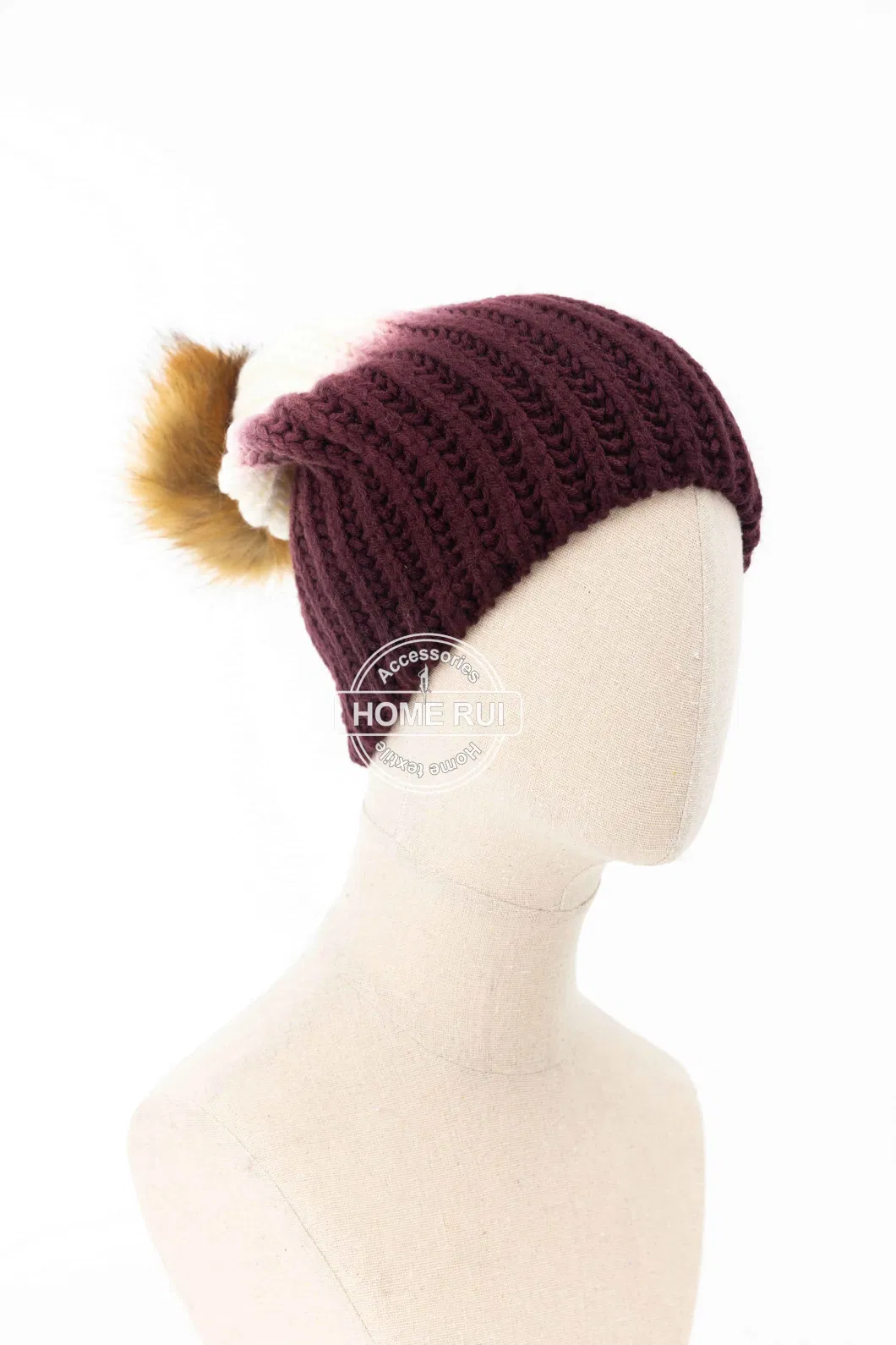 Women Warm Soft Slouchy Mustard Mega Pompom Wine White DIP Dying Knitted Plain Bonnet Casual Hat Beanie