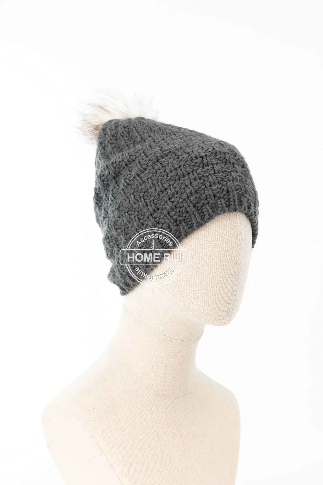 Women Warm Soft Slouchy Acrylic White Fur Pompom Dark Grey Charcoal Knitted Zigzag Jacquard Bonnet Casual Hat Beanie