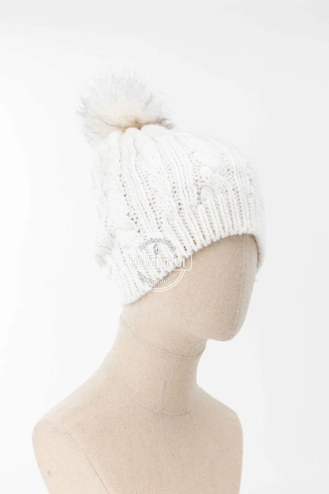 Women Warm Soft Acrylic White Ivory Colour Fur Pompom Knitted Cable Rib Bonnet Casual Hat Beanie