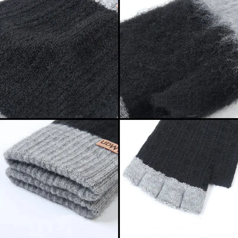 Autumn and Winter Warm Brushed Thick Fingerless Knitted Wool Gloves