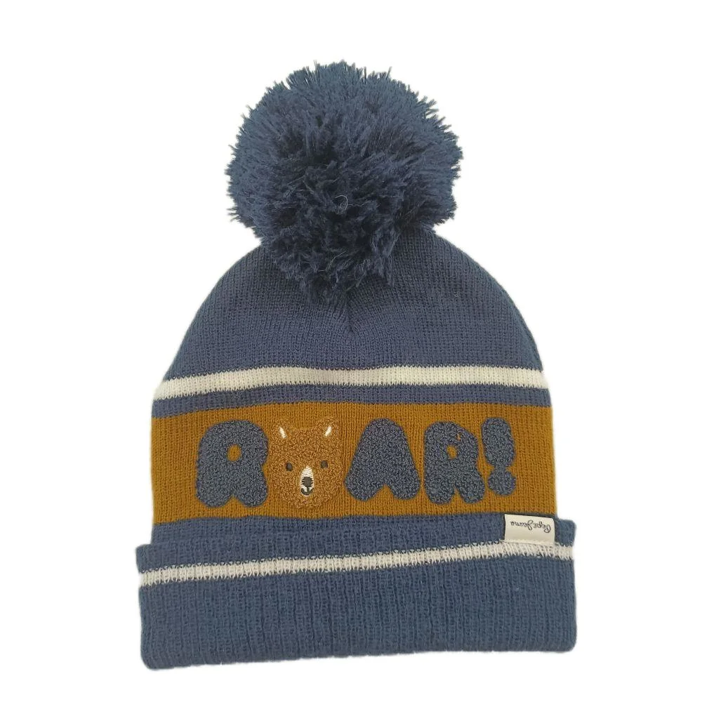 Hot Sale Cap Baby Boys Double Layers Stripe Jacquard and Embroidery Beanie Hat with Pompom and Woven Label