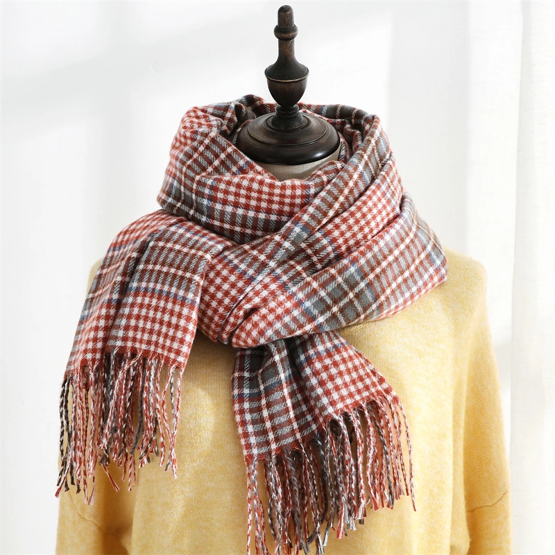 Cashmere Warm Fringed Plaid Scarf Street Style Polyester Cotton Winter Lady Scarf