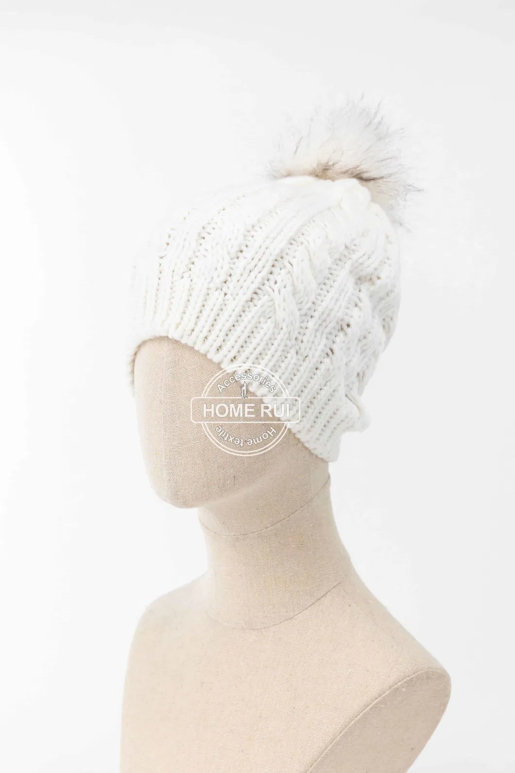 Women Warm Soft Acrylic White Ivory Colour Fur Pompom Knitted Cable Rib Bonnet Casual Hat Beanie