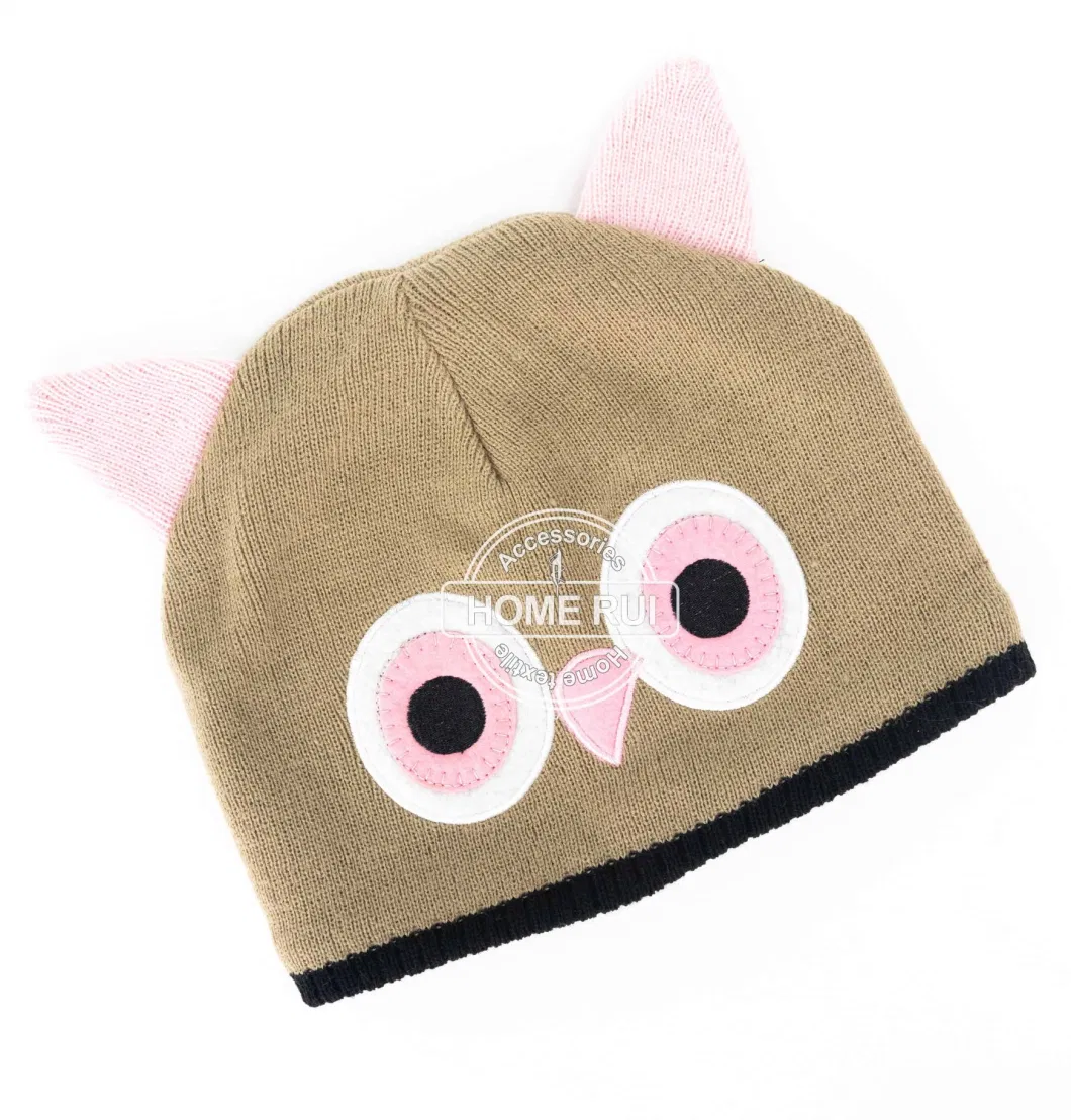 Kids Girl Children Warm Soft Slouchy Camel Solid Plain Knitted Owl Animal Design embroidery Bonnet Casual Beanie Hat