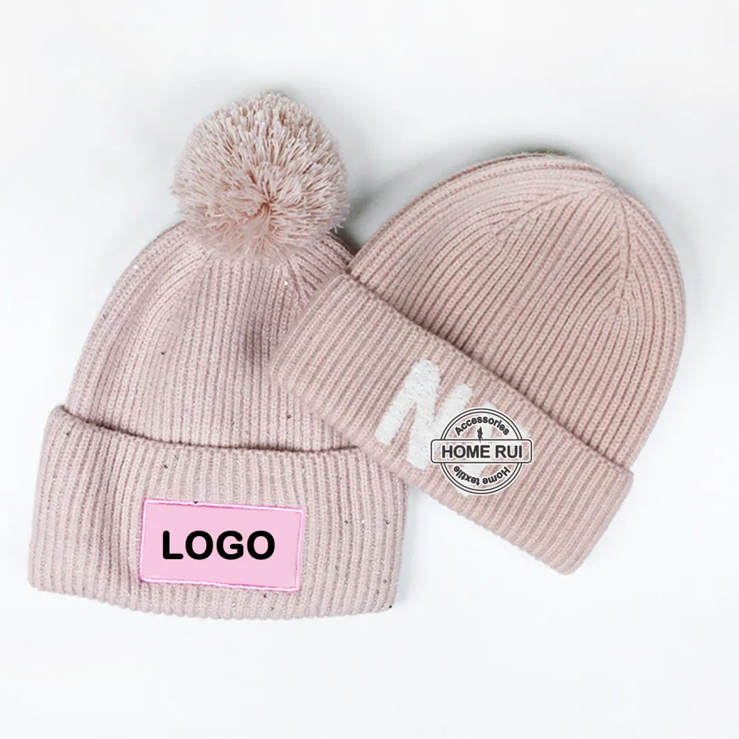 Custom Logo Women Beanies with POM POM Sequin Buckle Yarn Embroidery Letter Patch Knitted Hats Ribbed Chunky Knit Winter Caps