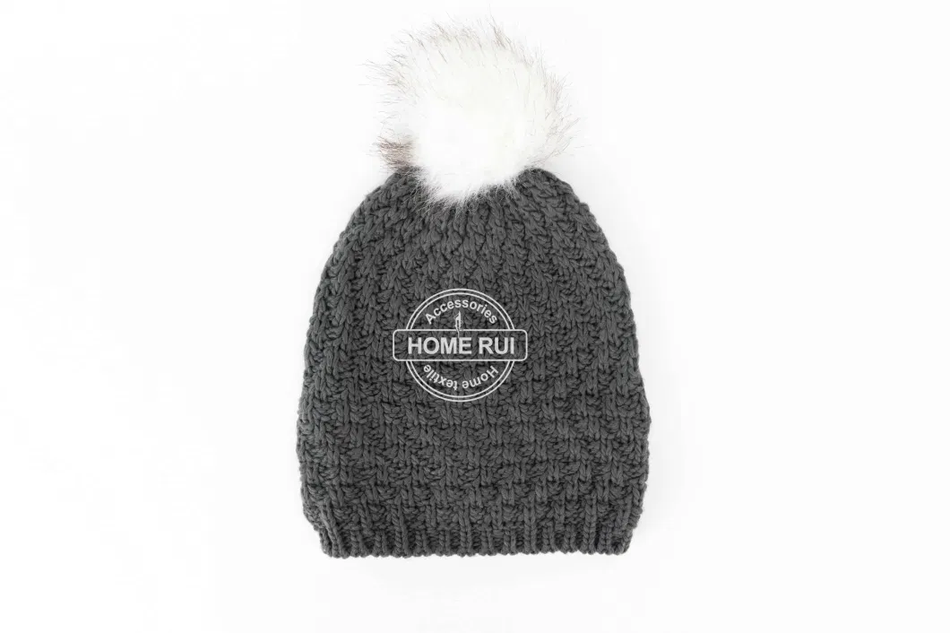 Women Warm Soft Slouchy Acrylic White Fur Pompom Dark Grey Charcoal Knitted Zigzag Jacquard Bonnet Casual Hat Beanie