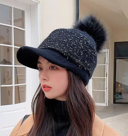 Women&prime;s Winter Knitted Warm Baseball Hat Cute POM POM Rabbit Hair Beanie Hat