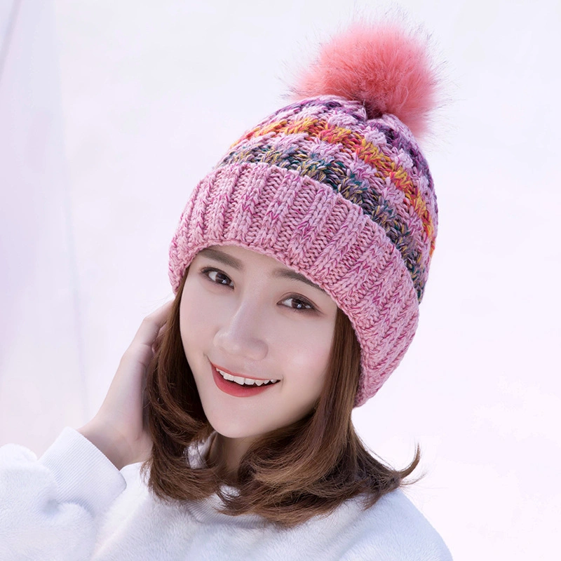 Women Custom Logo High Quality Stripe Ski Knit Hat Acrylic Jacquard Lined POM POM Beanie