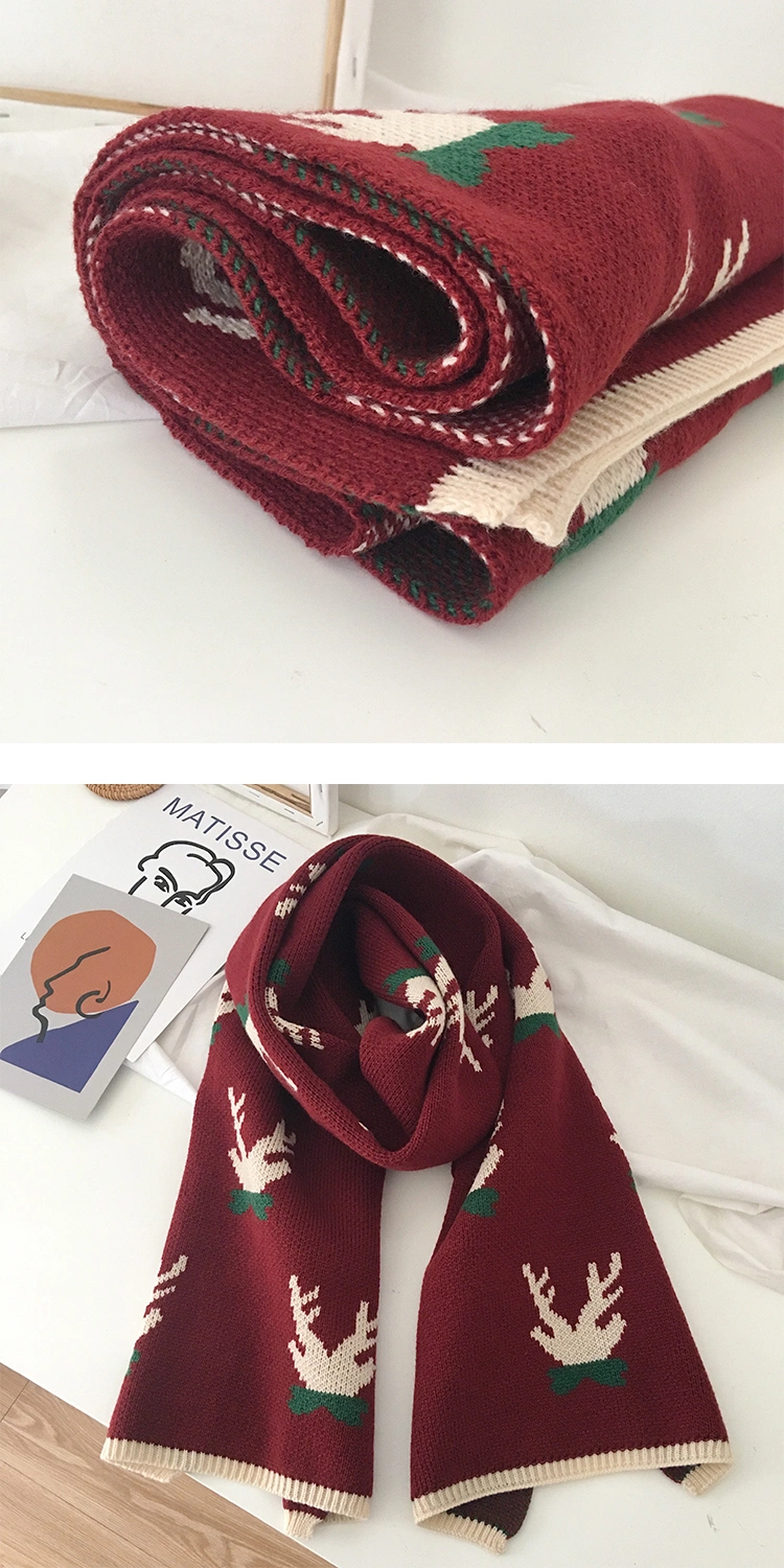 Christmas Gift Wine Red Knitting Moose Scarves for Men Women Thick Lovers&prime; Wool Necker Scarves for Girl Boys