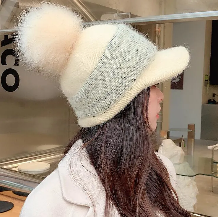 Women&prime;s Winter Knitted Warm Baseball Hat Cute POM POM Rabbit Hair Beanie Hat