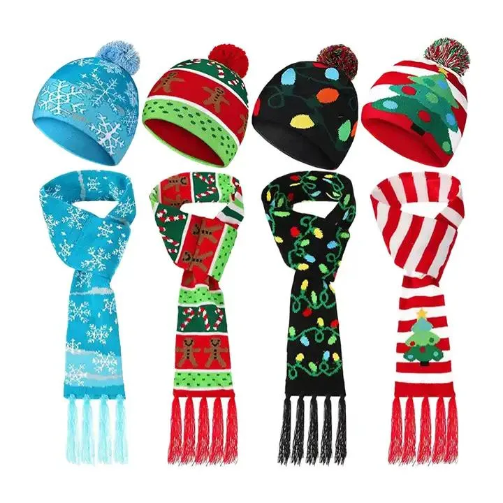 Wholesale Price Custom Design Cheap Christmas Knitted Scarf Xmas Holiday Party Flashing Cap Beanies Gorras Christmas Beanie Hat with LED Light up for Retails
