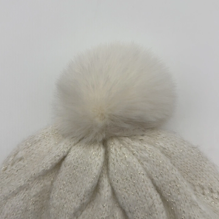 Girls Cap Acrylic Offwhite Cute Cable Knitted Hat with Fake Fur Pompom with Polyester Lining