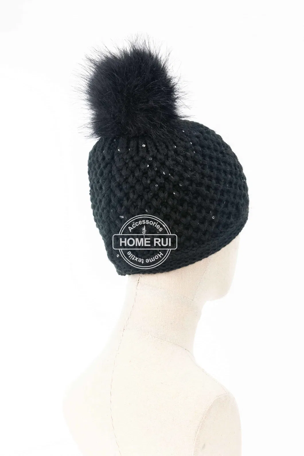 Women Warm Soft Acrylic Black Fur Pompom Sparkle Yan Plastic Sequin Knitted Basket Weave Bonnet Casual Hat Beanie