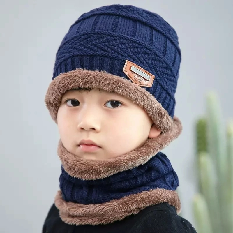 Velvet Lined Thicken Ski Skull Caps Men Kids Winter Hat Scarf Set Neck Warmer Wool Knitted Beanie Hats