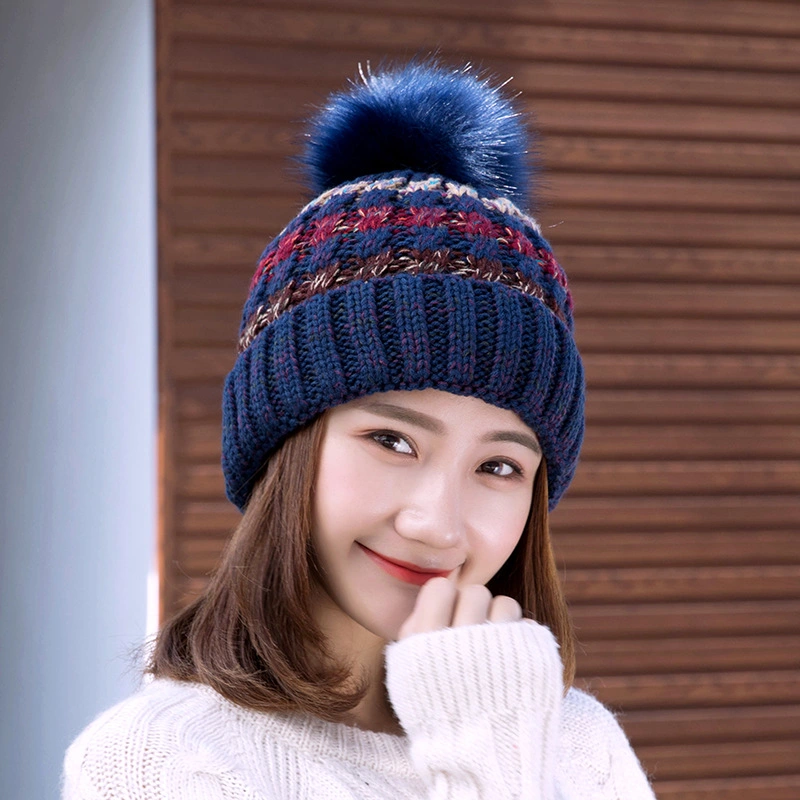 Women Custom Logo High Quality Stripe Ski Knit Hat Acrylic Jacquard Lined POM POM Beanie