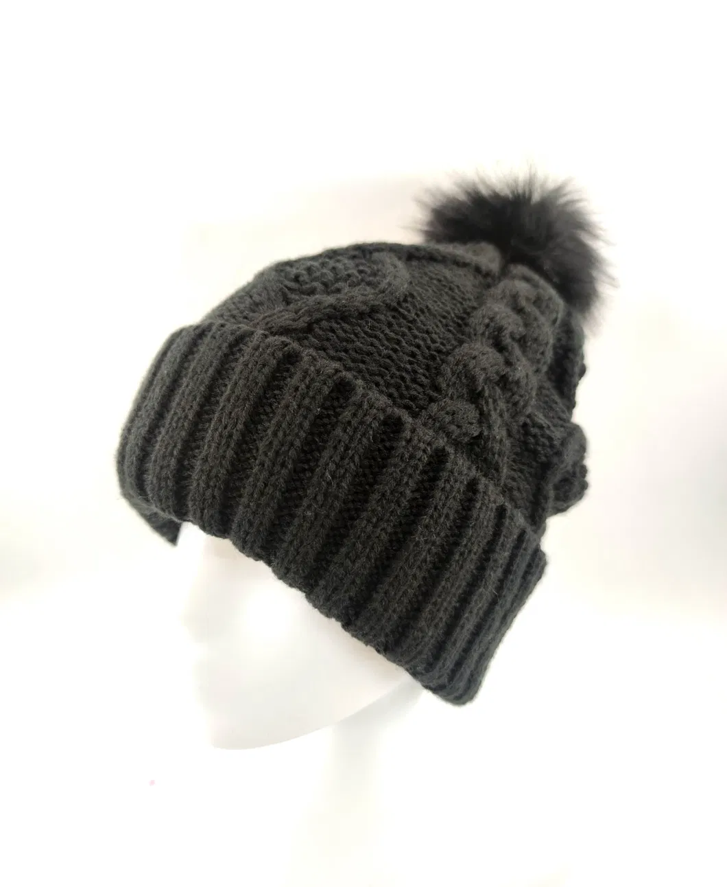 Acrylic Yarn Jacquard Knitted Hat with Cuff and Fake Fur Pompon, Half Fleece Lining.