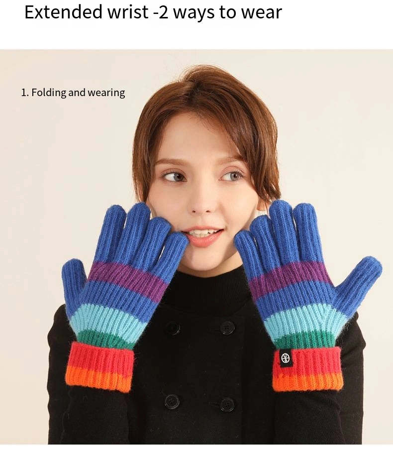 Colorful Rainbow Stripes Style Fashion Soft Warmer Winter Long Wholesale High Quality Sheepskin Wool Knitting Gloves