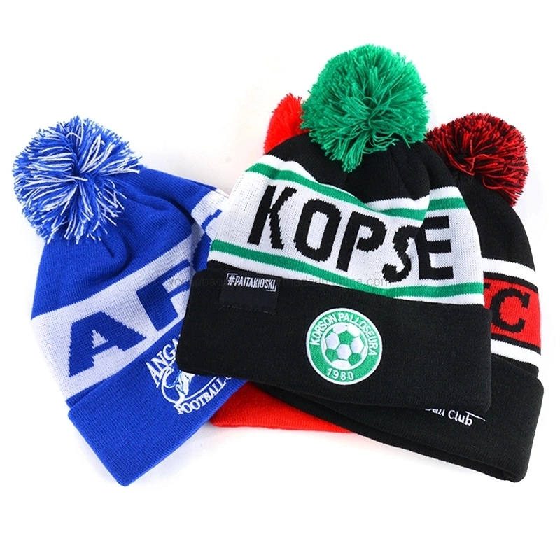 Customr Recycle Acrylic Bobble Sport Soccer Football Knit Pompom Jacquard Beanie Hat