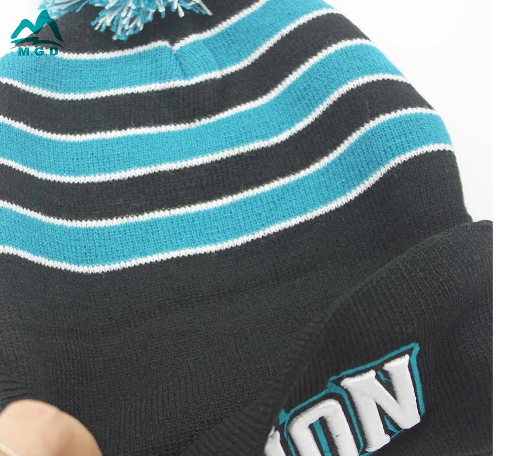 Custom POM POM Winter Embroidery Logo Cuff Beanie Hat