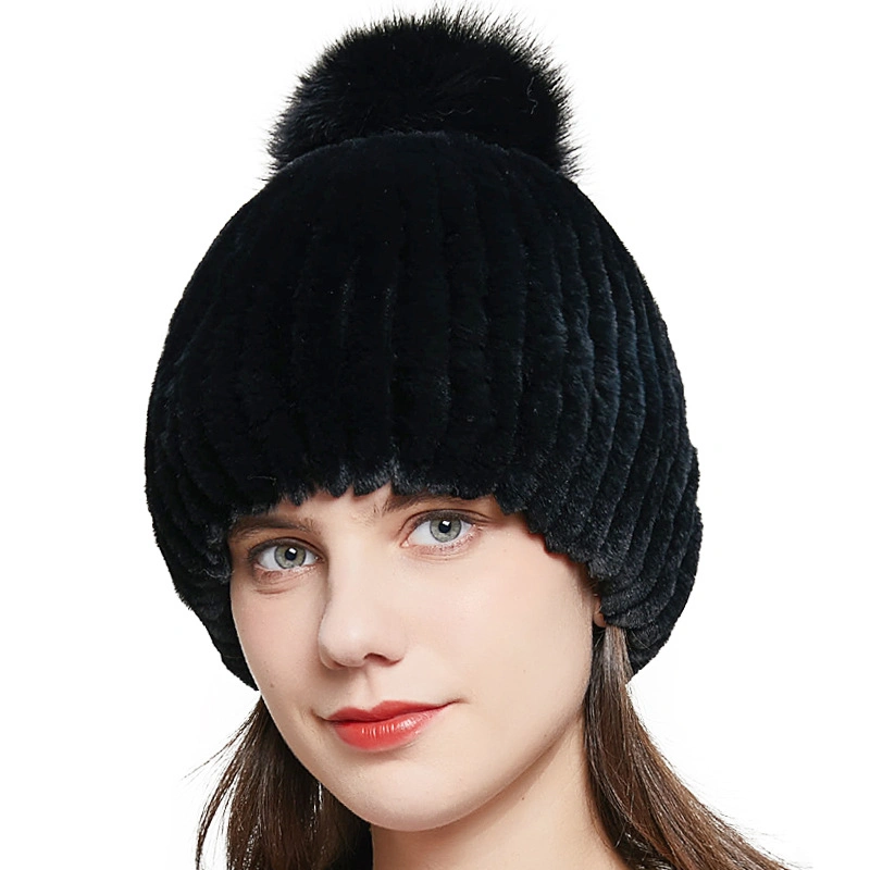 Otter and Rabbit Fur Fox Fur Knit Fashion Hat with Fox Fur Ball Pompom Elastic Women Winter Warm