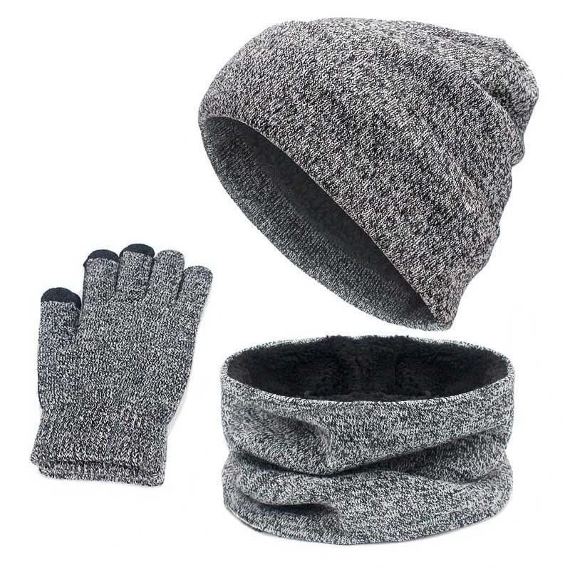 Fleece Three-Piece Thermal Warm Suit Winter Cotton Men Women Scarf Gloves Hat