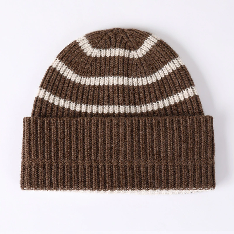 Warm High Quality Custom Striped Jacquard Acrylic Winter Cuffed Knit Beanie Hat